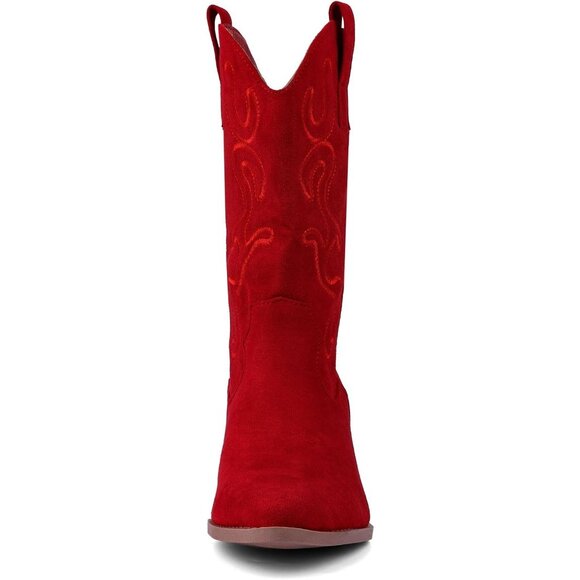 Women Red Suede Mid Calf Chunky Block Heel Western Embroidered Cowgirl Boot - Picture 3 of 7